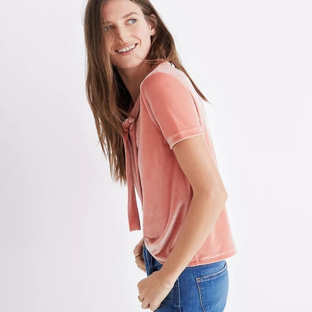 Madewell Peach Velvet Tie Neck Top